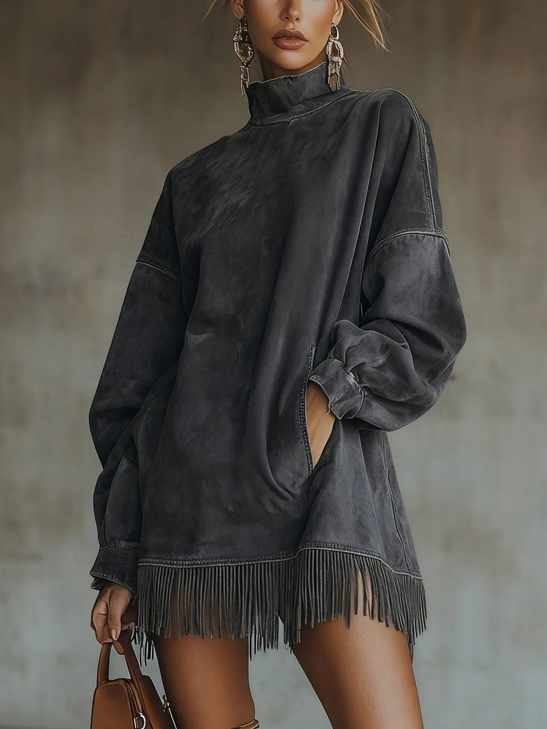 Nancy | Robe Turtleneck en Suède Synthétique à Franges