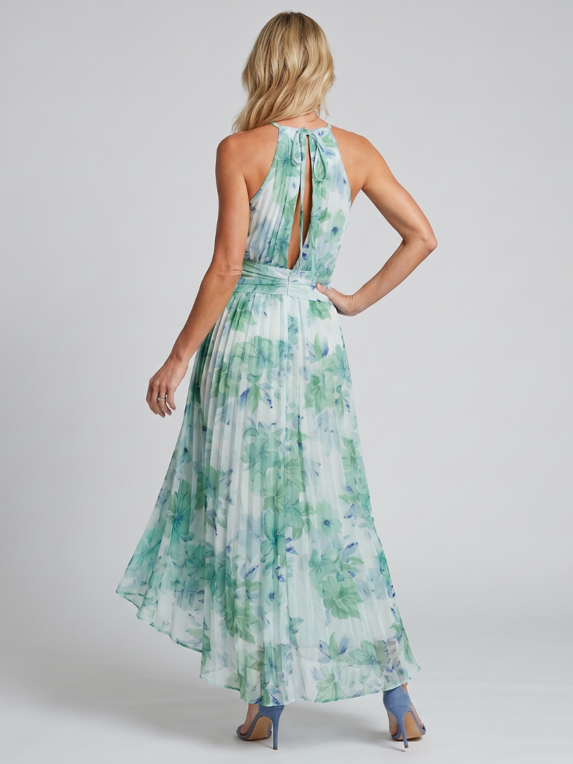 Portia | Vestido midi con cuello halter plisado y estampado floral | Brand
