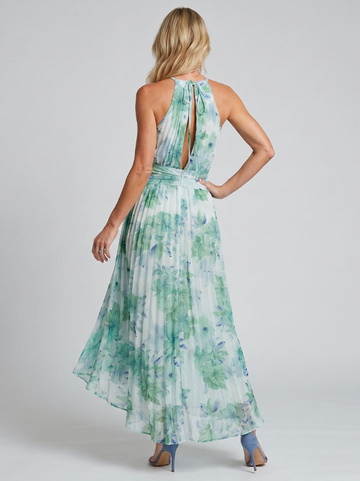 Portia | Vestido midi con cuello halter plisado y estampado floral | Brand