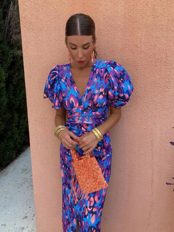 Aurora™ | Robe Midi Vibrante avec Manches Bouffantes | Design