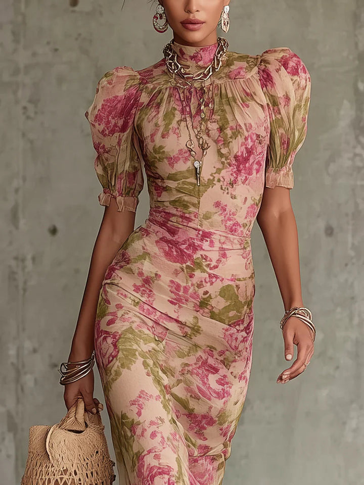Fiora | Robe Maxi à Manches Bouffantes en Rose Vintage Romantique | Design