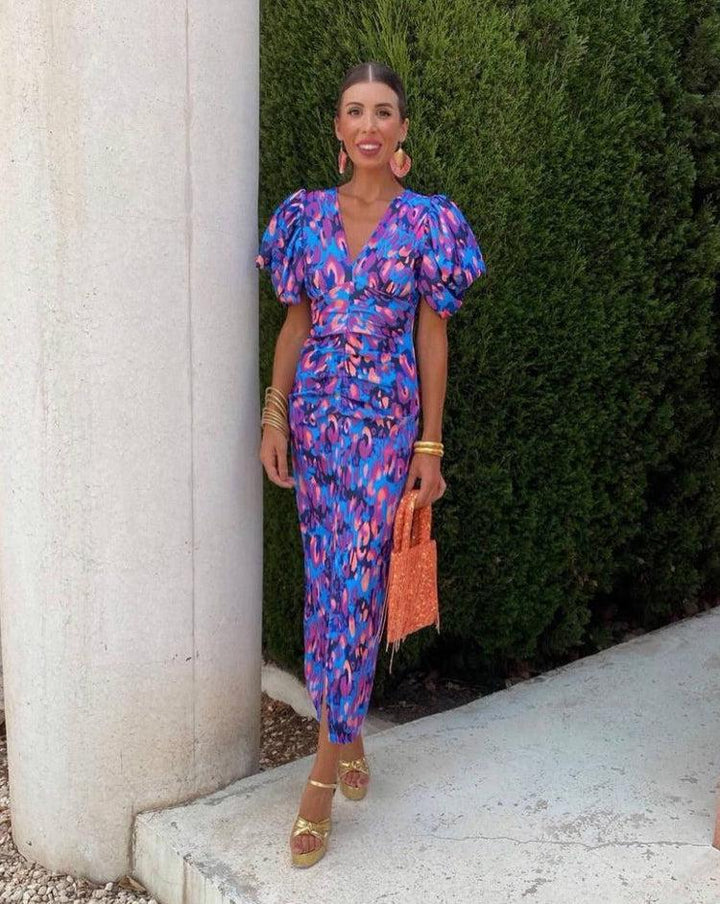 Aurora™ | Robe Midi Vibrante avec Manches Bouffantes | Design