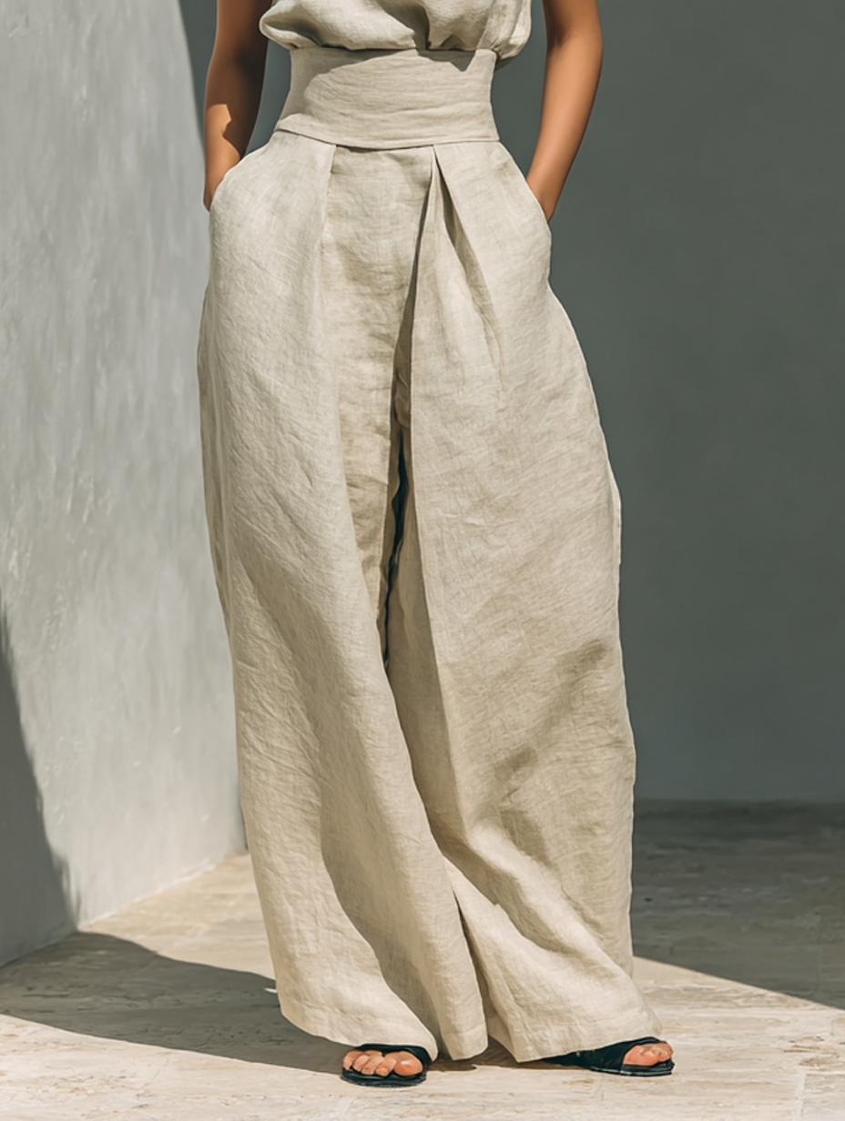 Aurora | Relaxed Beige Sleeveless Wide-Leg Co-Ord Set | Signature