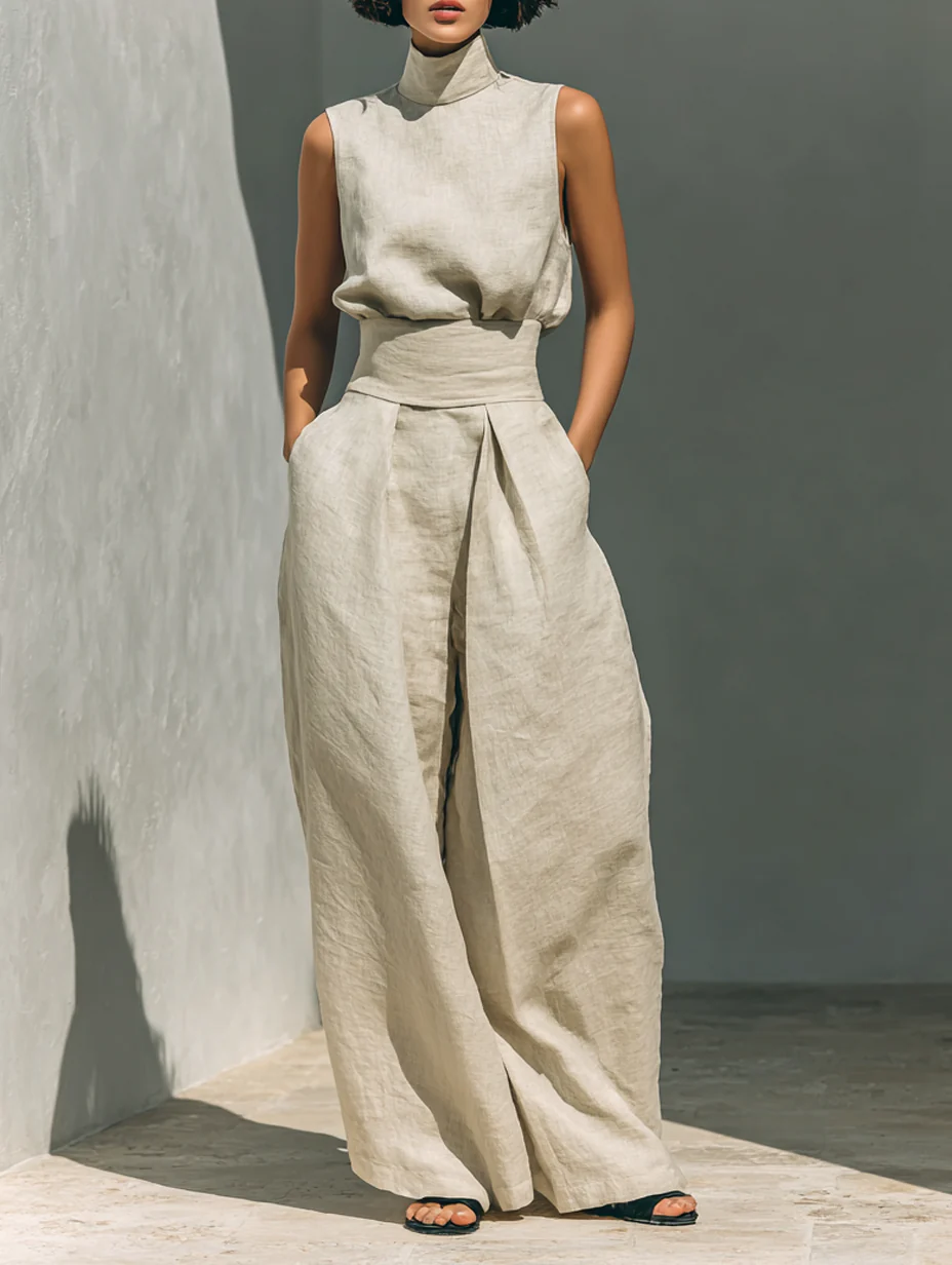 Aurora | Relaxed Beige Sleeveless Wide-Leg Co-Ord Set | Signature