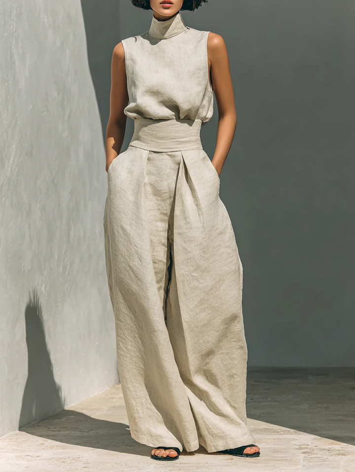 Aurora | Ensemble Co-Ord Large Jambe Beige Détendu sans Manches | Signature