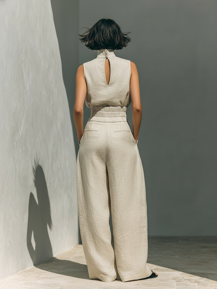 Aurora | Ensemble Co-Ord Large Jambe Beige Détendu sans Manches | Signature