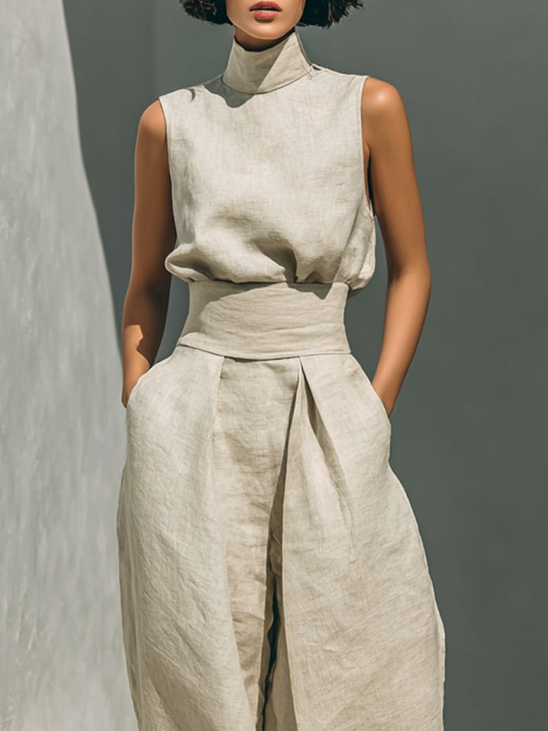 Aurora | Ensemble Co-Ord Large Jambe Beige Détendu sans Manches | Signature