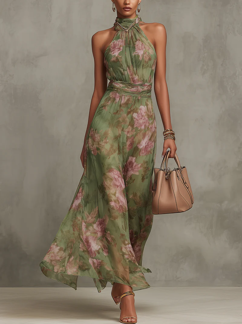 Serena — Elegant Floral Chiffon Halter Maxi Dress | Luxe