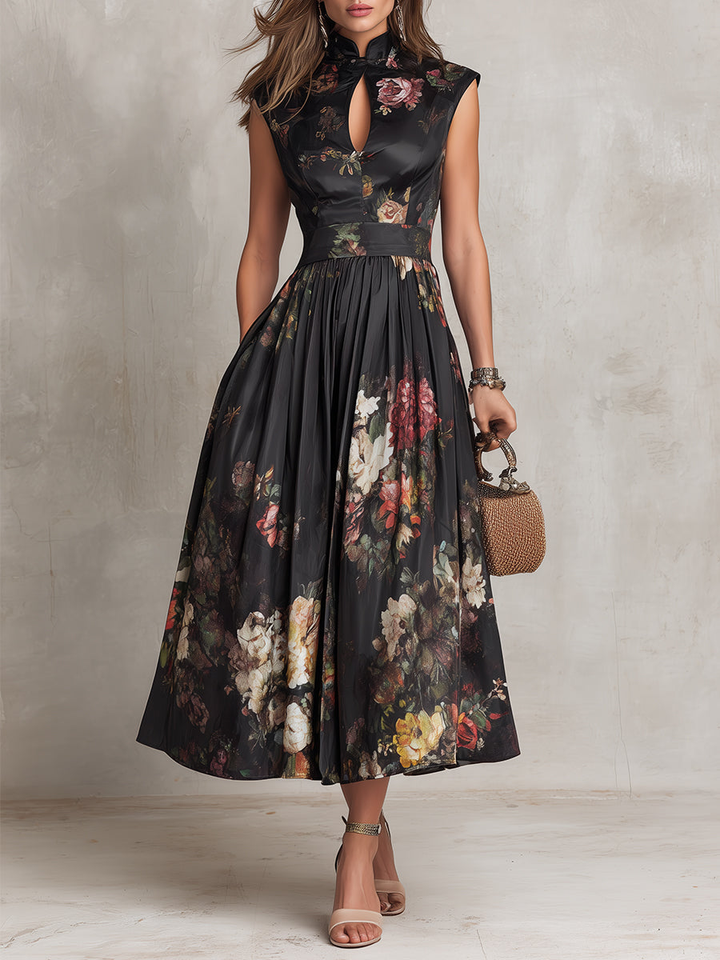 Violetta - Black Midi Dress in Pleated Satin with Floral Pattern and Keyhole Neckline | Co