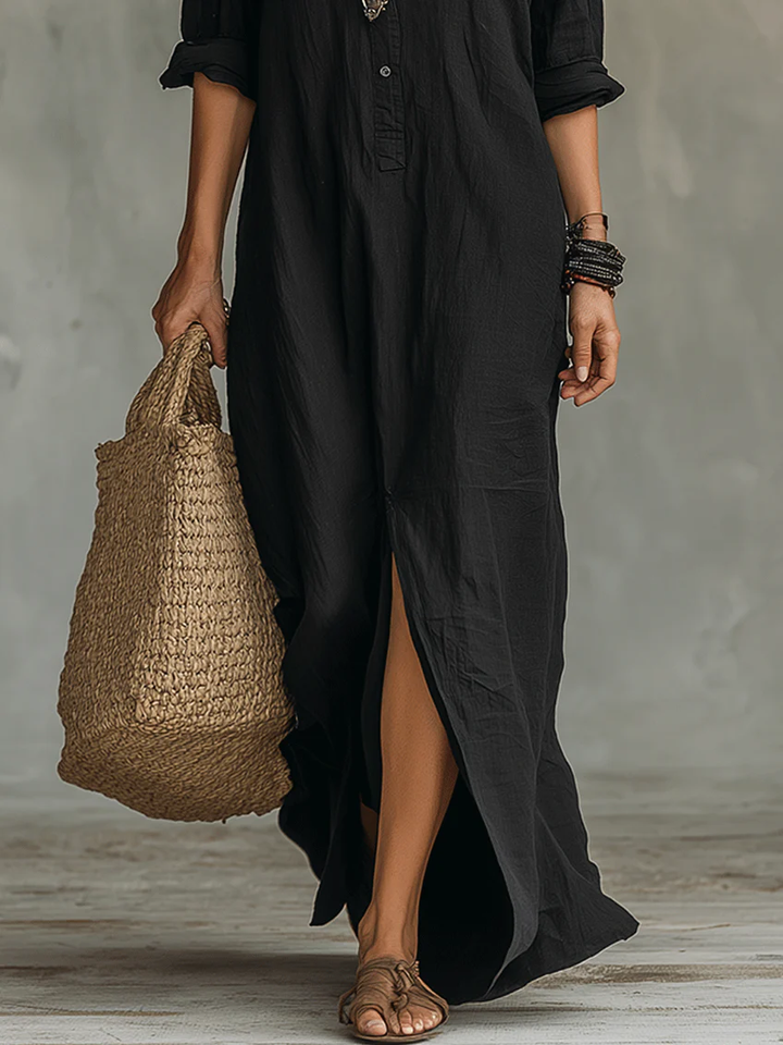 Soline™ | Oversized Black Maxi Dress with Buttons | Boutique