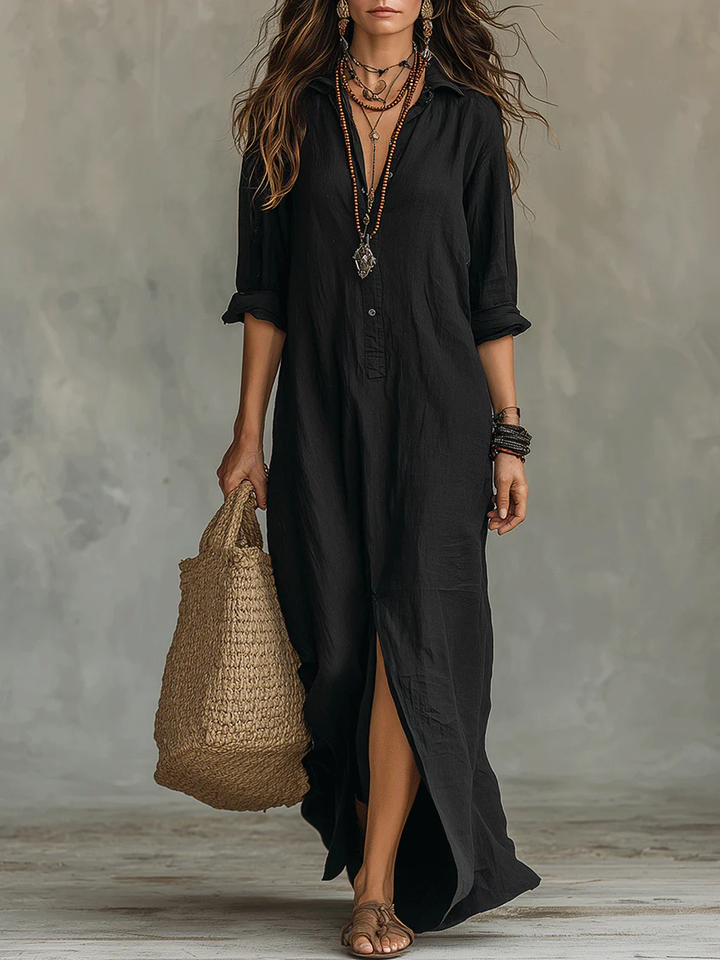 Soline™ | Oversized Black Maxi Dress with Buttons | Boutique
