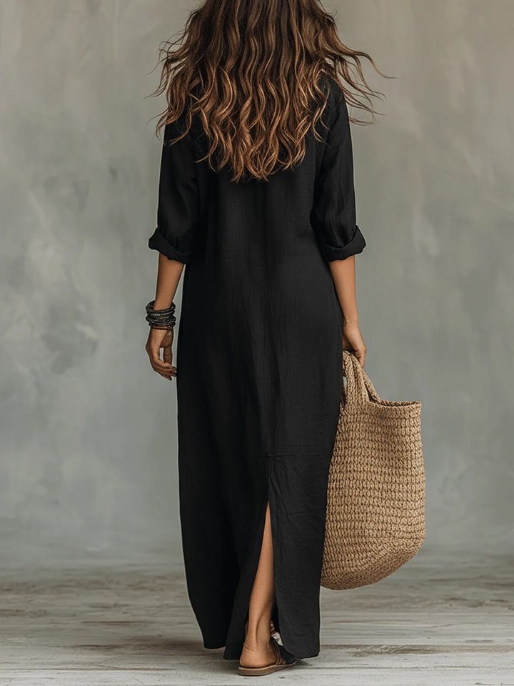 Soline™ | Oversized Black Maxi Dress with Buttons | Boutique