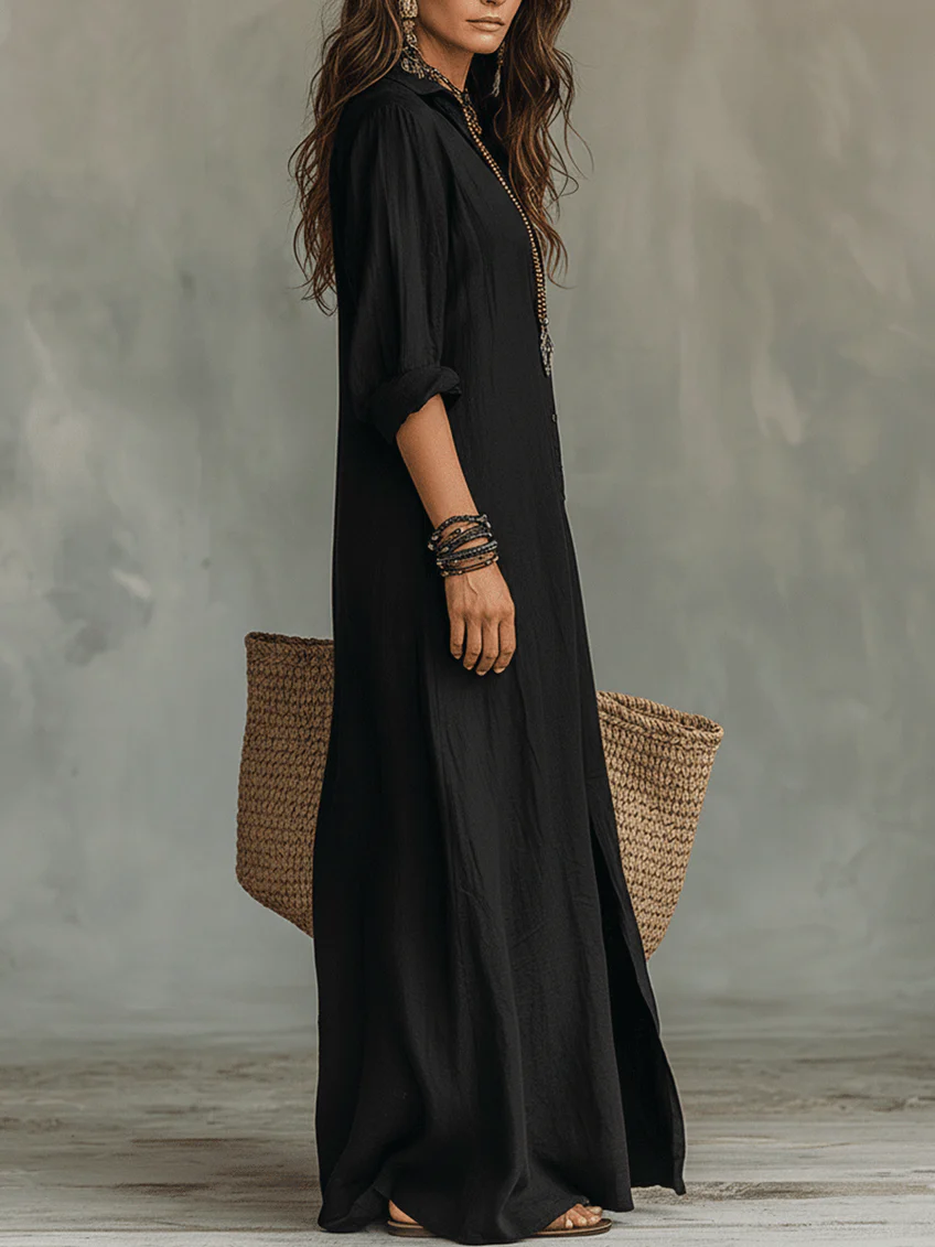 Soline™ | Robe Maxi Noire Oversize avec Boutons | Boutique