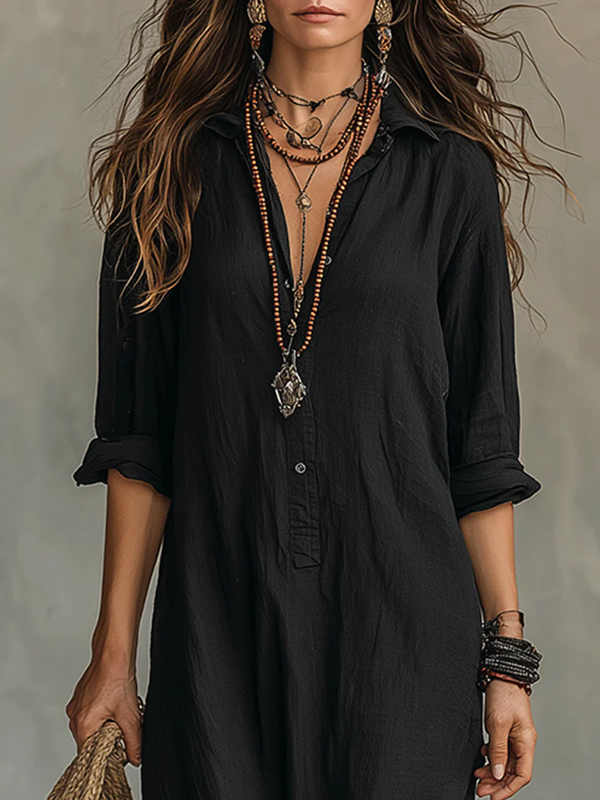 Soline™ | Oversized Black Maxi Dress with Buttons | Boutique