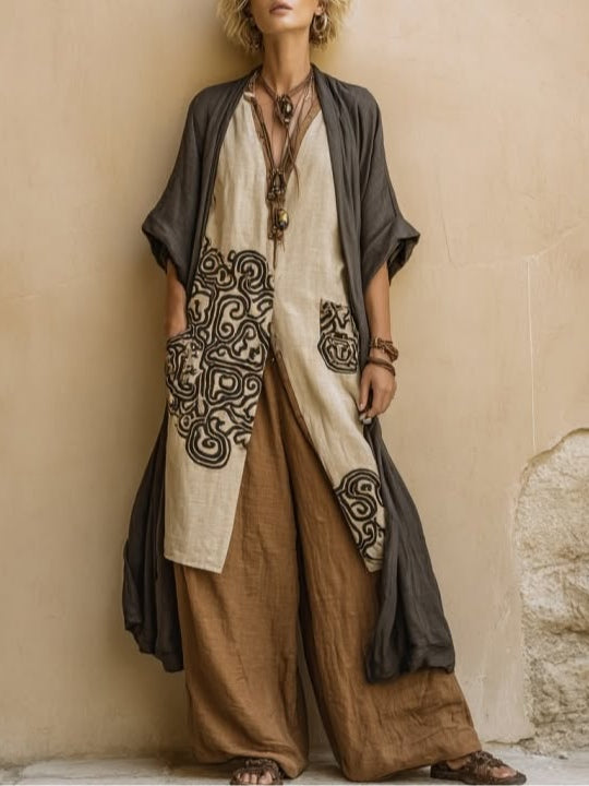 Giulia - Ensemble Nomade Bohème en Trois Pièces en Gris Foncé et Marron avec Motif Tribal | Original