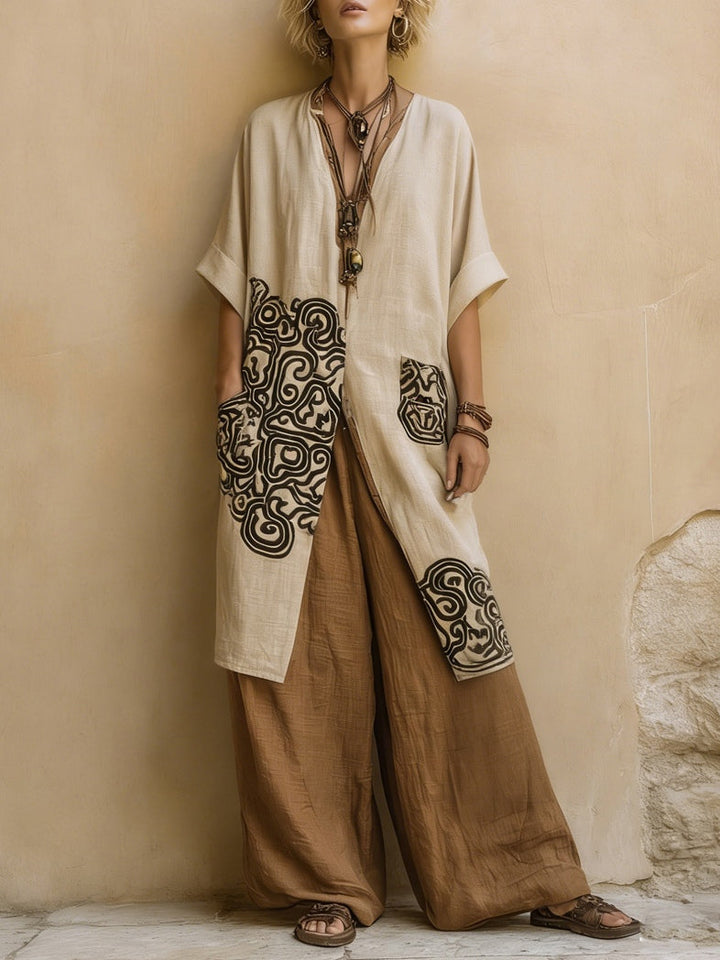 Giulia - Three-Piece Bohemian Nomad Set in Dark Gray and Brown with Tribal Pattern | Original
