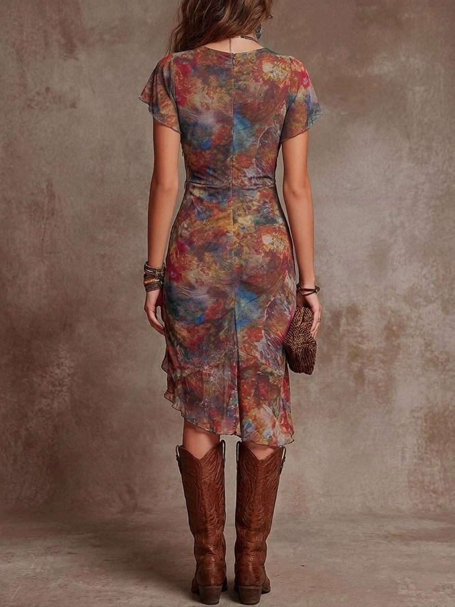 Martina - Robe Midi Plissée avec Décolleté en V, Imprimé Art Abstrait dans un Style Bohème | Série