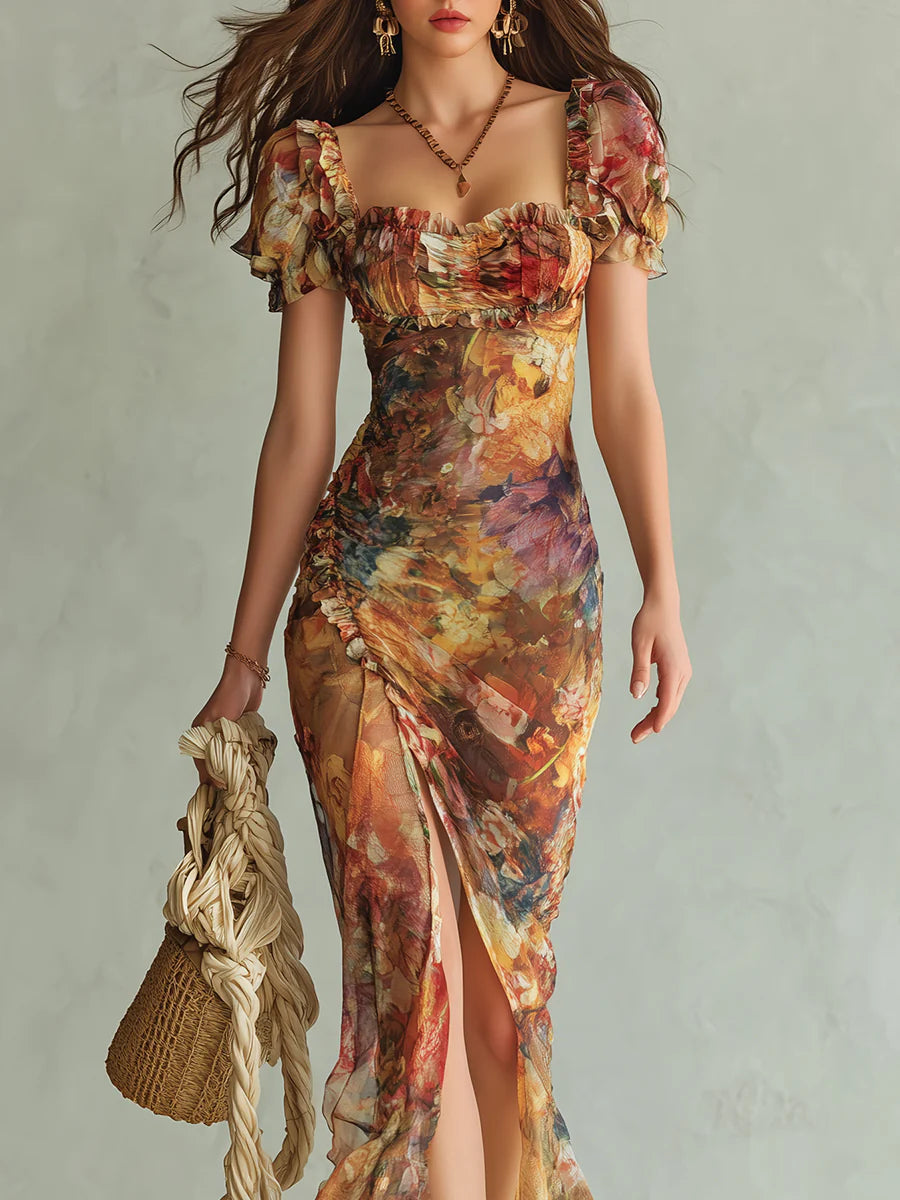 Viola | Long orange chiffon dress with bohemian-style oil painting print | Edition