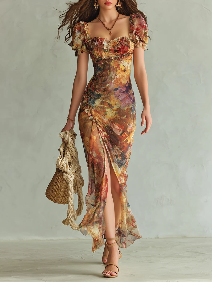 Viola | Long orange chiffon dress with bohemian-style oil painting print | Edition
