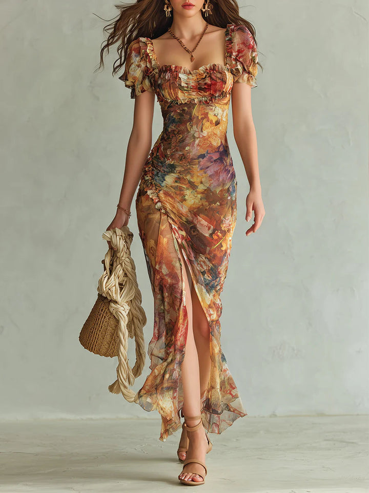 Viola | Robe longue en chiffon orange avec imprimé peinture à l'huile de style bohème | Édition
