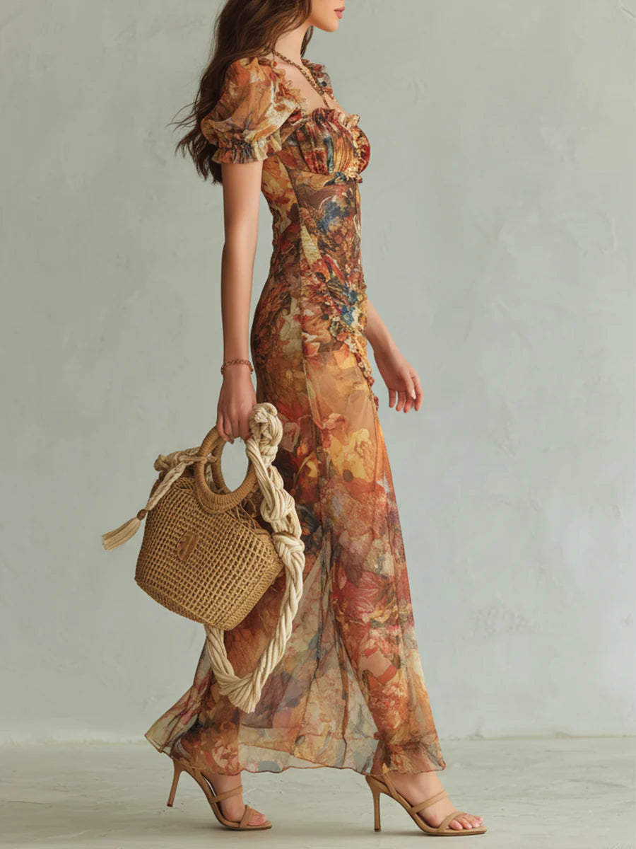 Viola | Robe longue en chiffon orange avec imprimé peinture à l'huile de style bohème | Édition