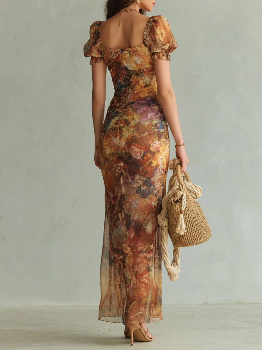 Viola | Robe longue en chiffon orange avec imprimé peinture à l'huile de style bohème | Édition