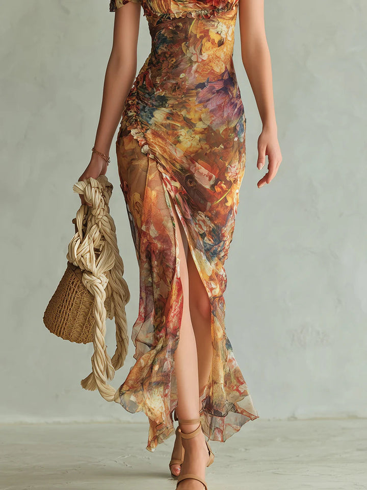 Viola | Long orange chiffon dress with bohemian-style oil painting print | Edition