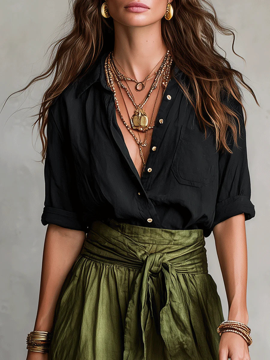 Vera™ | Ensemble Deux Pièces : Haut Noir et Jupe Midi Verte Olive | Boutique
