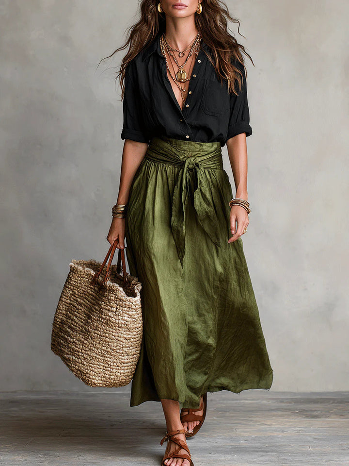 Vera™ | Two-Piece Set: Black Top and Olive Green Midi Skirt | Boutique