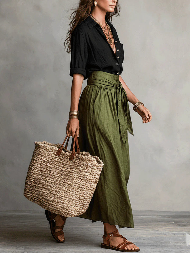 Vera™ | Two-Piece Set: Black Top and Olive Green Midi Skirt | Boutique