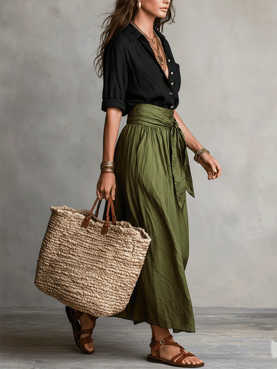 Vera™ | Ensemble Deux Pièces : Haut Noir et Jupe Midi Verte Olive | Boutique