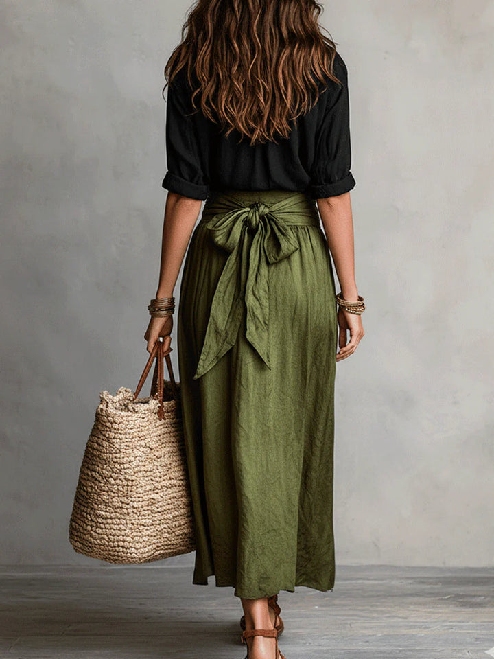 Vera™ | Ensemble Deux Pièces : Haut Noir et Jupe Midi Verte Olive | Boutique