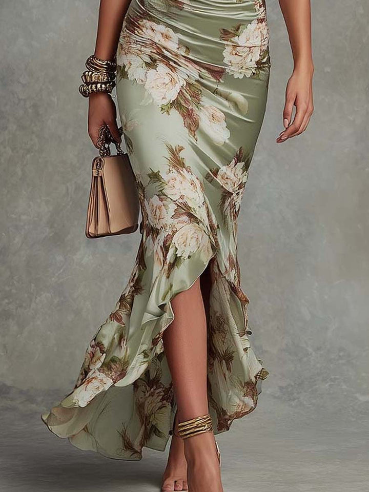 Anna - Asymmetrical long dress in green satin with V-neck, flared puff sleeves, and floral pattern | Craft