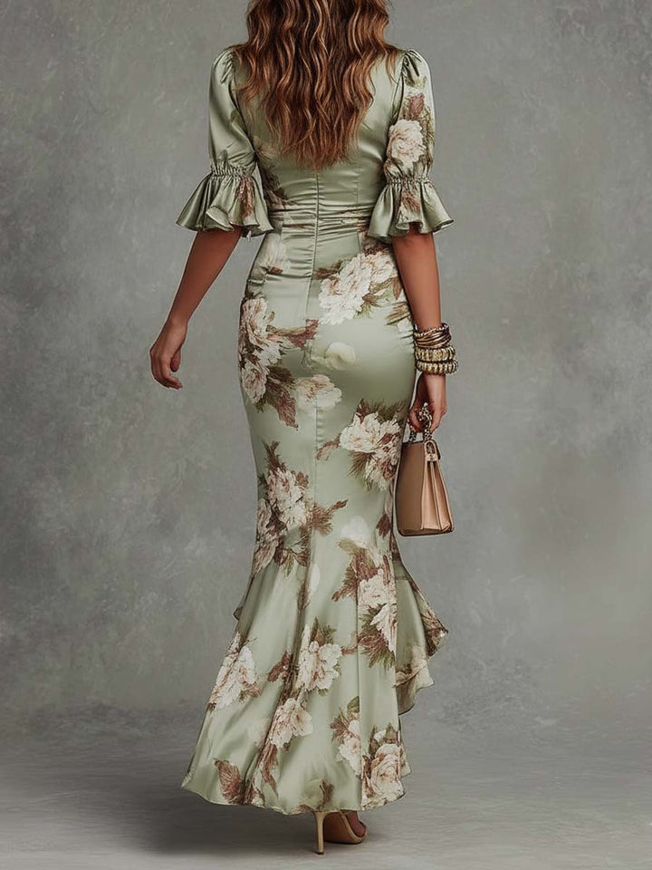 Ana - Vestido largo asimétrico de satén verde con escote en V | Style
