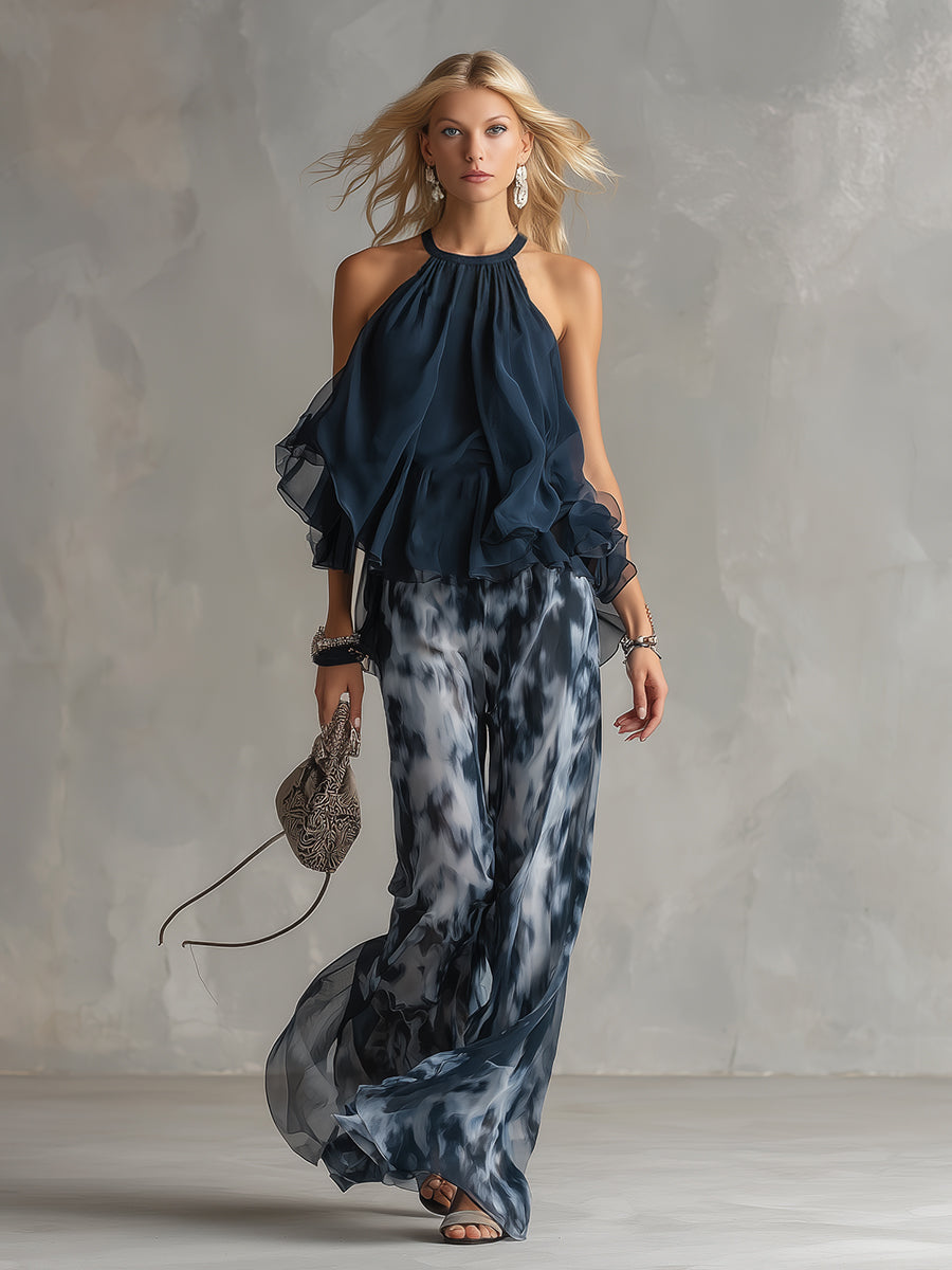 Ludovica | Stylish Navy Halter Top and Wide-Leg Printed Set | Collection