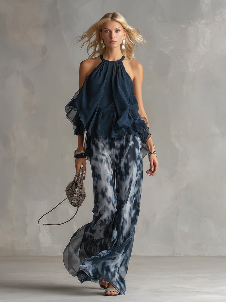 Ludovica | Haut Halter Chic en Marine et Ensemble Imprimé à Jambes Larges | Collection