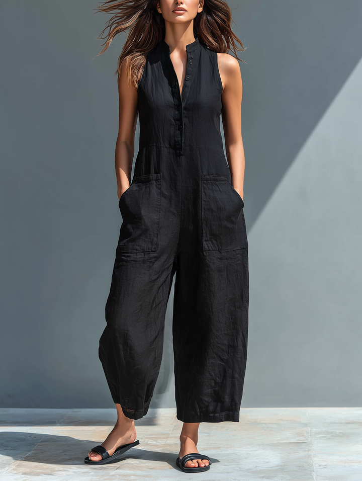 Sleeveless Minimalist Jumpsuit for Women with High Collar and Buttons | Boutique