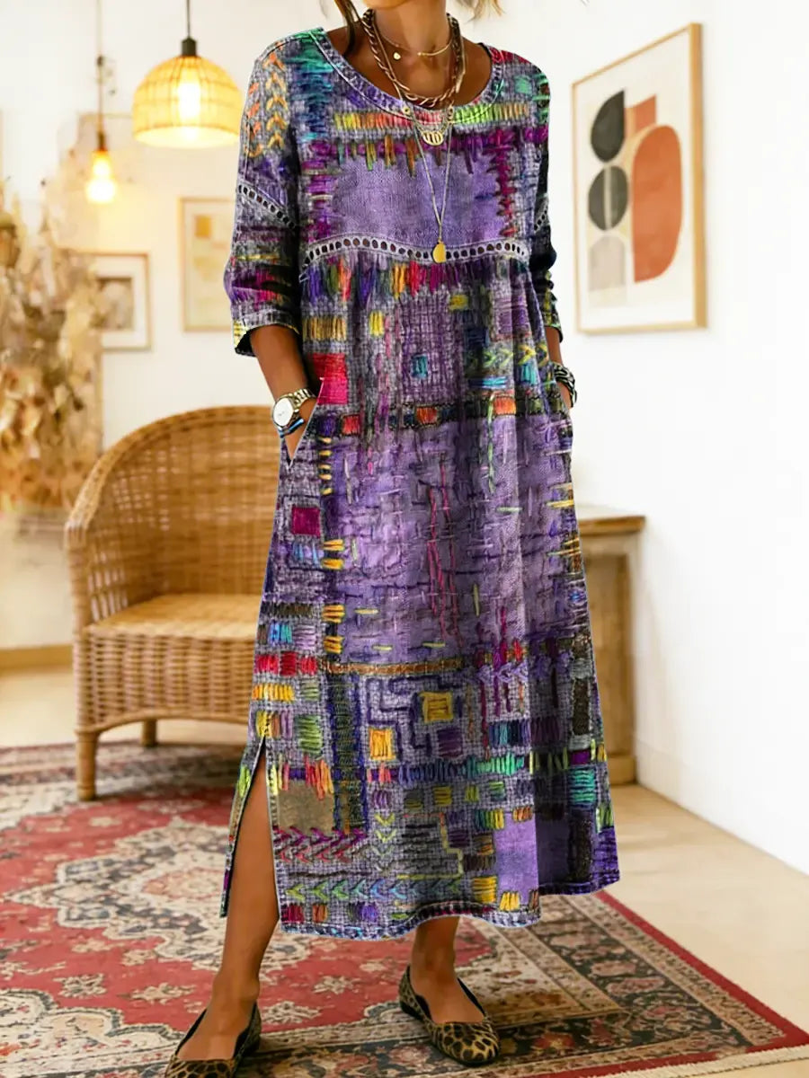 Manuela robe en denim avec patchwork ethnique | Signature