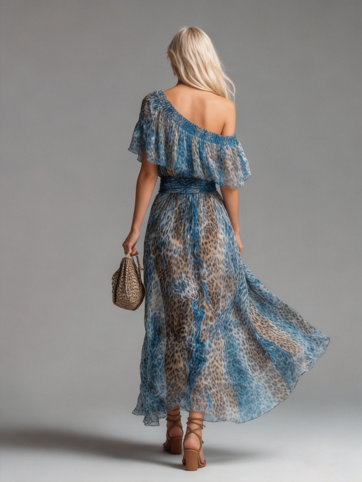 Wild - Long chiffon dress with leopard print and bare shoulders | Premier