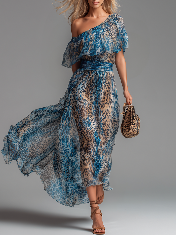 Wild - Long chiffon dress with leopard print and bare shoulders | Premier