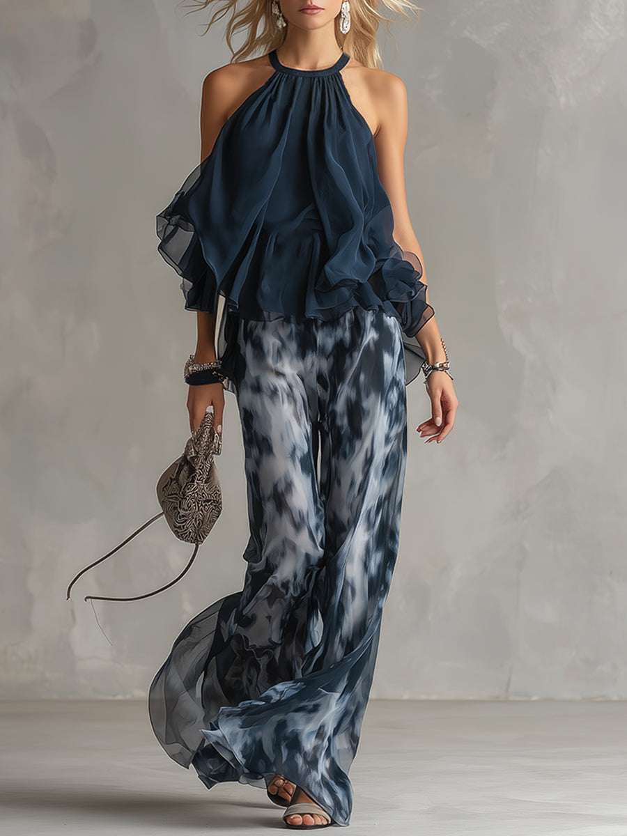 Ludovica | Stylish Navy Halter Top and Wide-Leg Printed Set | Collection