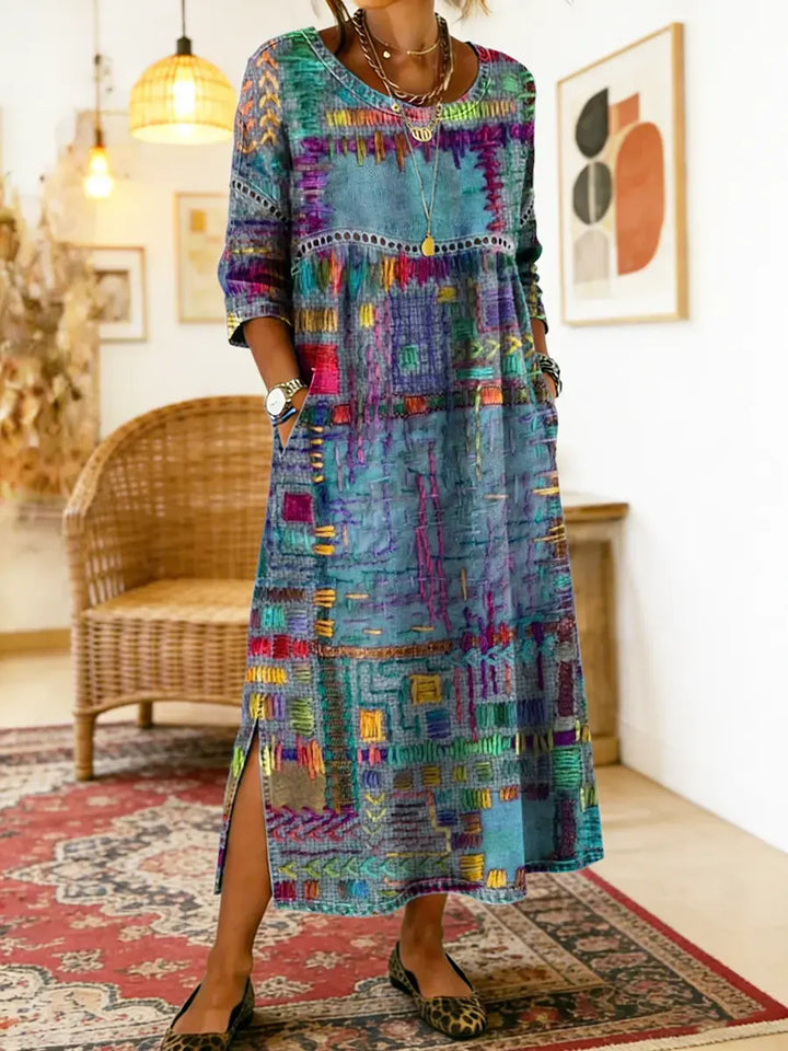 Manuela robe en denim avec patchwork ethnique | Signature