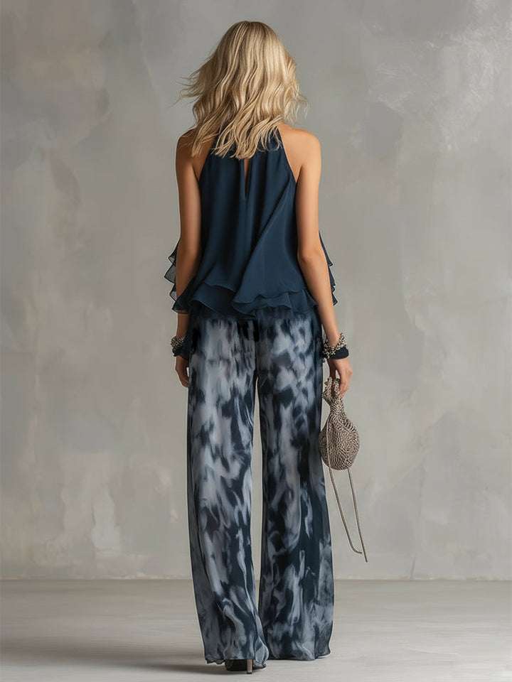 Ludovica | Haut Halter Chic en Marine et Ensemble Imprimé à Jambes Larges | Collection
