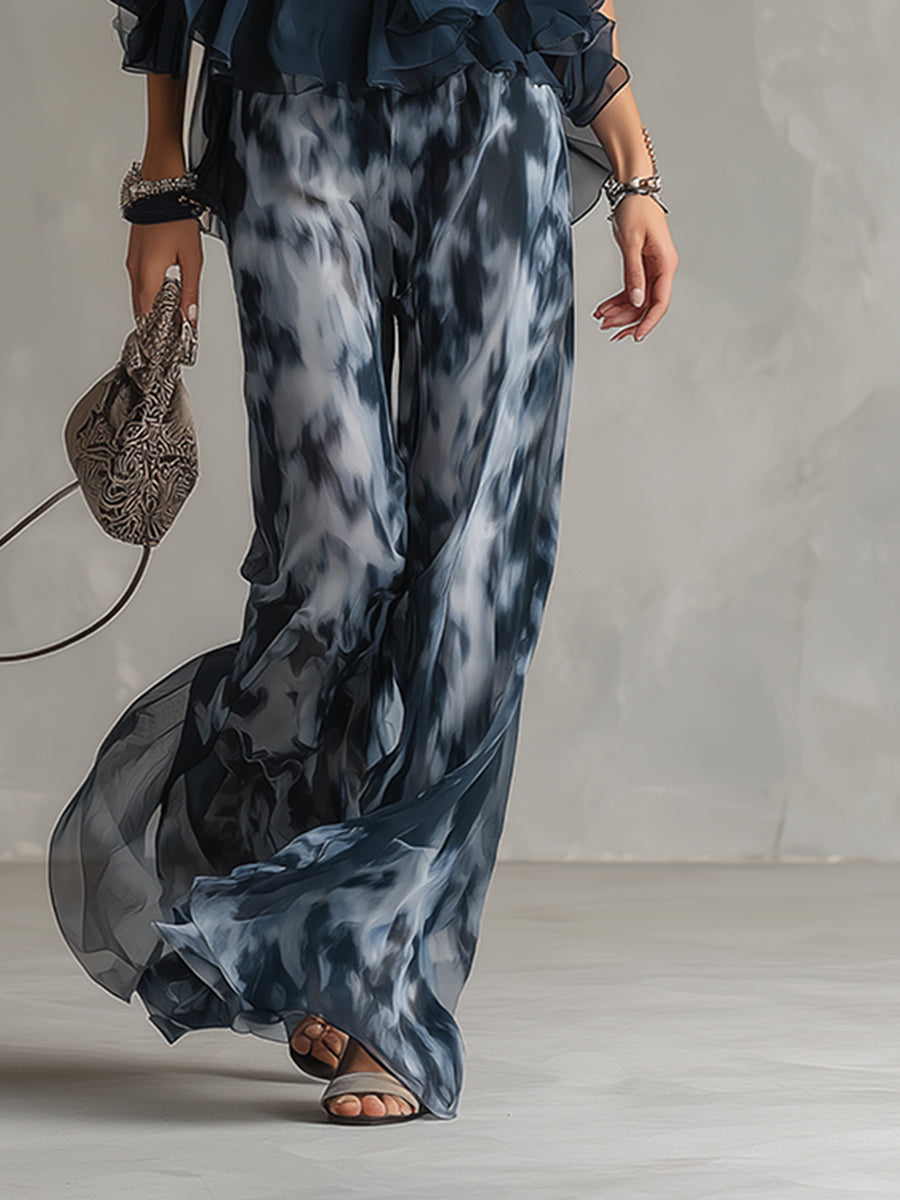 Ludovica | Haut Halter Chic en Marine et Ensemble Imprimé à Jambes Larges | Collection