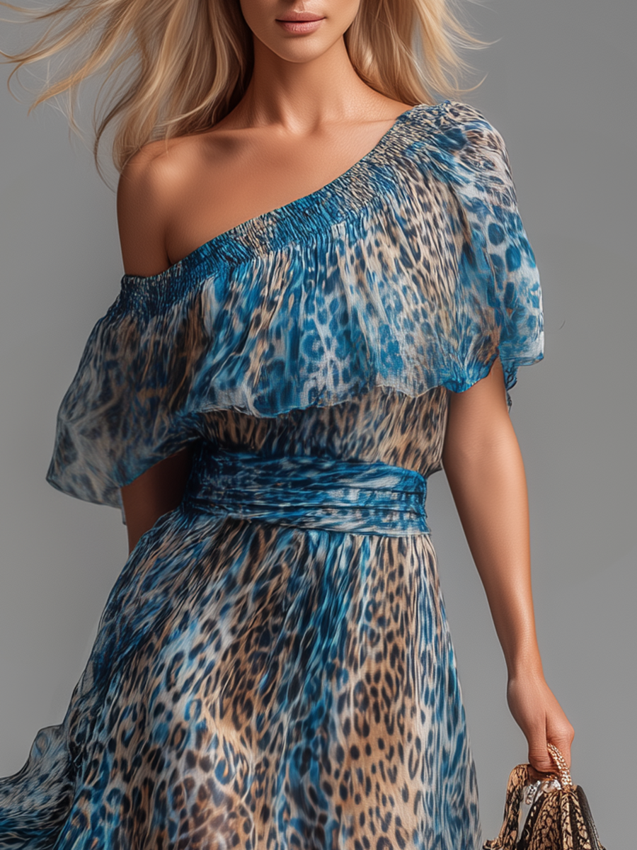 Wild - Long chiffon dress with leopard print and bare shoulders | Premier