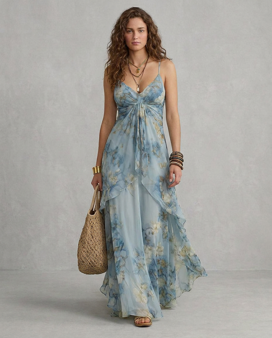 ELISA | Maxi Slip Dress Floreale Azzurro | Edition