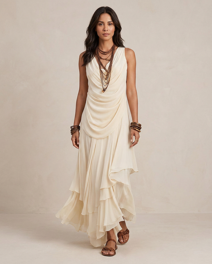 CLARA | Robe Maxi à Volants Crème | Série