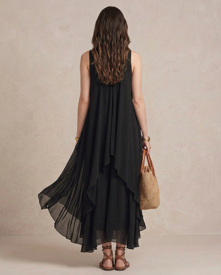 NOEMI | Maxi Robe Boho en Chiffon Superposé Noir | Signature