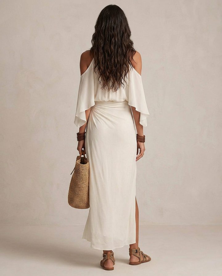 VALENTINA | Robe Midi Halter Ivoire Drapée | Co