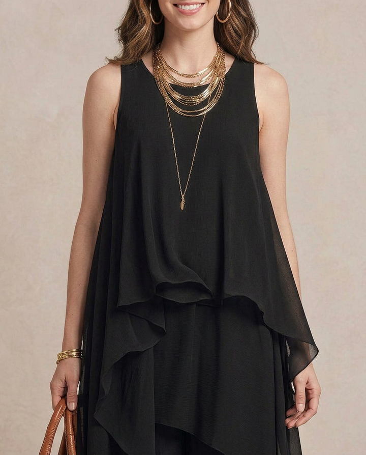 NOEMI | Maxi Abito Boho Layered Chiffon Nero | Signature